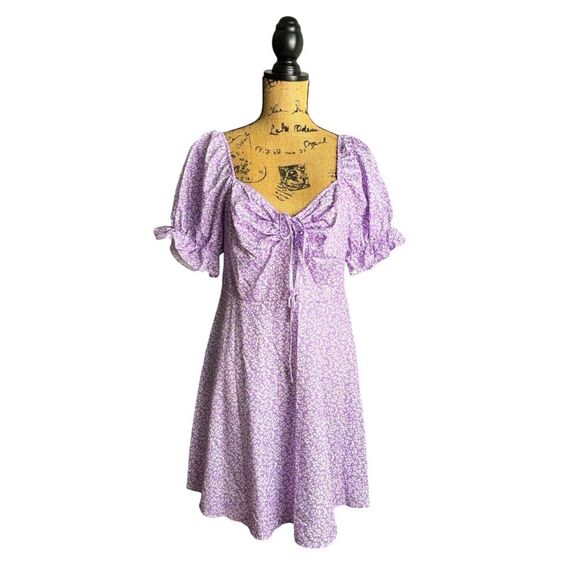 SHEIN Purple Plants Print Drawstring Ruched Front Dress Size Large NWOT - Picture 1 of 7